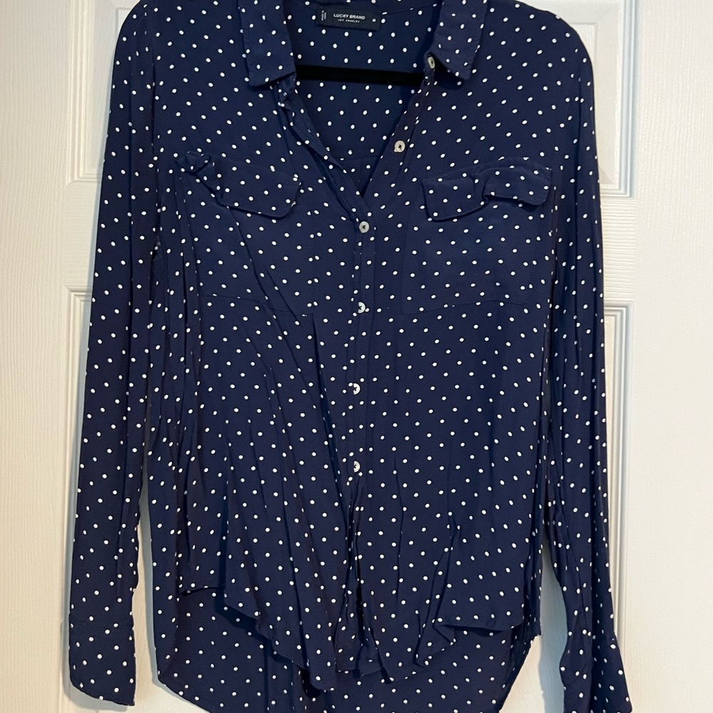 Lucky Brand Navy Button Down Shirt with White Dots